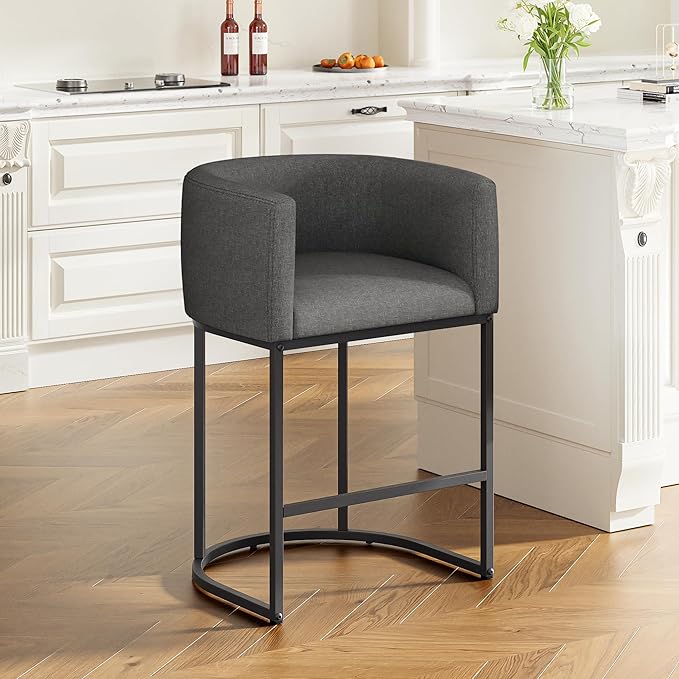 26" H Counter Height Bar Stools Set of 1, Modern Barrel Counter Stools with Backrest and Arms, Linen Fabric Upholstered Accent Barstools for Kitchen Island,Support 450 LBS (Carbon Black)