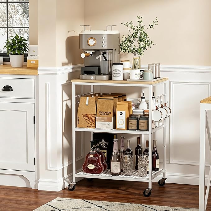 Homleke 3-Tier Rolling Kitchen Microwave Cart, Kitchen Utility Cart on Lockable Wheels, Coffee Bar Table Station with 6 S-Shaped Hooks, Small Appliance Storage Shelf, White and Natural