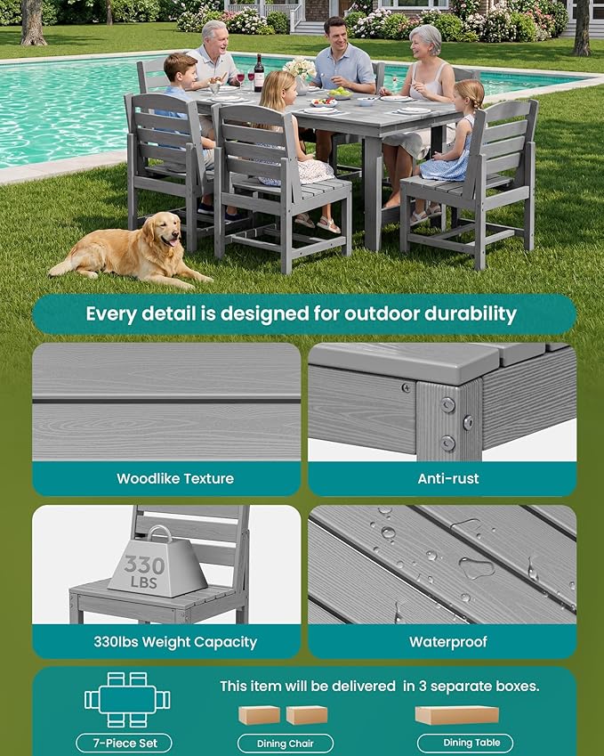 SERWALL Patio Dining Sets for 6 Person, HDPE Dining Set with 6 Armless Chairs, Light Gray