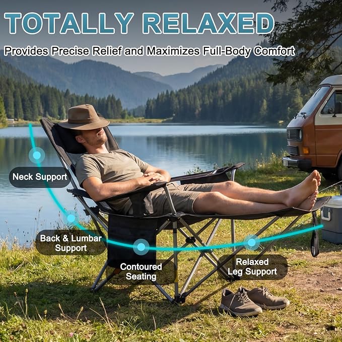 Romswi 2Pack 4-Position Reclining Camping Chair with Removable Footrest, 2-in-1 Adjustable Portable Lounge Chair with Cooler Bag, Cup Holder, Side Pockets & Carry Bag for Outdoor, Mesh Black