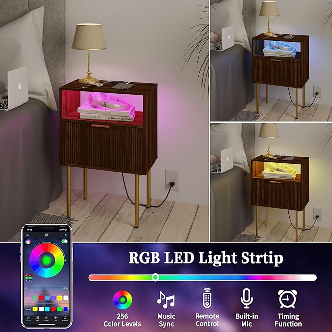 JOONEE Nightstand with Outlet and Led Light, Bedside Table with Storage Drawer, Fluted Side Table for Living Room, Bedroom