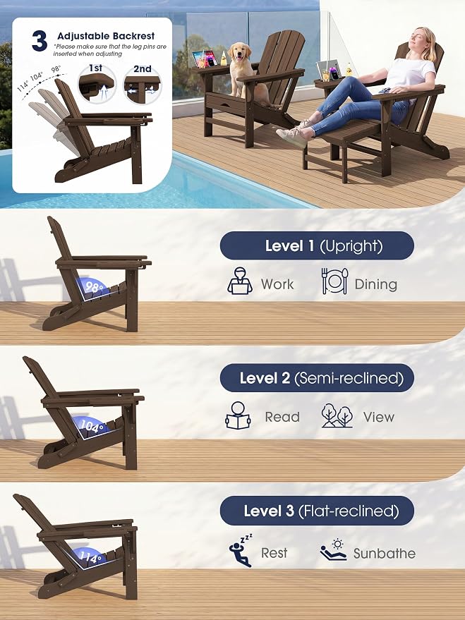 KINGYES Adjustable Folding Adirondack Chair with Footrest & 4-in-1 Multi-Functional Holder Set of 2, HDPE Reclining Adirondack Chair with Pull-Out Ottoman, Coffee