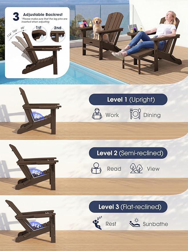 KINGYES Adjustable Folding Adirondack Chair with Footrest & 4-in-1 Multi-Functional Holder Set of 4, HDPE Reclining Adirondack Chair with Pull-Out Ottoman, Coffee