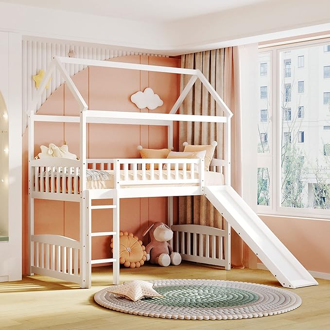 House Loft Bunk Bed Frames with Slide No Box Spring Needed for Teens, Girls or Boys
