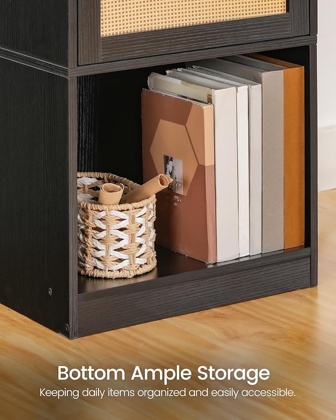 CHOEZON Nightstand, End Table with Charging Station, Side Table with Rattan-Style Drawer and Storage Shelf, Modern Sofa Table with 1 AC Outlet and 2 USB Ports, for Bedroom, Black MBZ01UBB