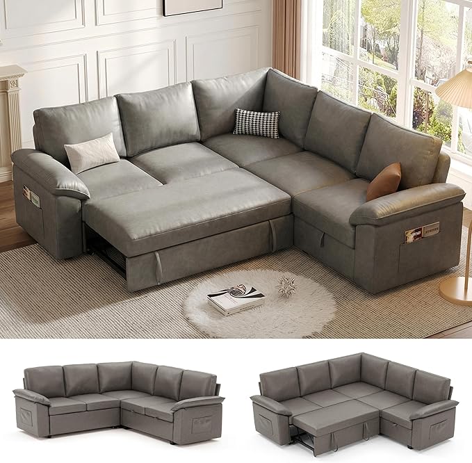 85 Inch Faux Leather Modular Sectional Sofa with Pull Out Bed, L Shaped 5 Seat Sectional Sleeper Sofa with Storage, Sectional Couches for Living Room, Cloud Modular Couch,Gray Leather