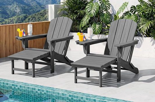 SERWALL Folding Adjustable Adirondack Chairs with Footrest Set of 2, HDPE Outdoor Chair with 4-in-1 Cup Holders, All Weather Adirondack Chair with Ottoman, Gray