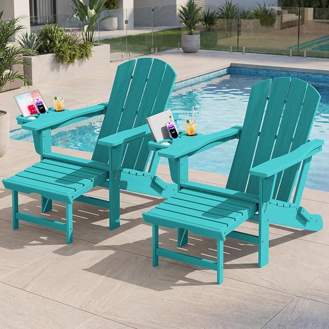 KINGYES Adjustable Folding Adirondack Chair with Footrest & 4-in-1 Multi-Functional Holder Set of 2, HDPE Reclining Adirondack Chair with Pull-Out Ottoman, Aruba