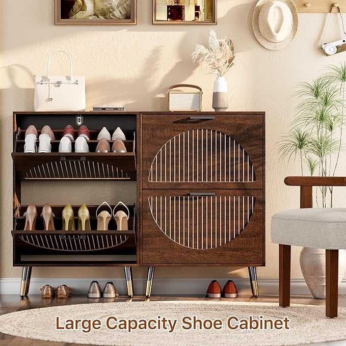 Farmhouse Shoe Cabinet Storage for Entryway, Slim Shoe Rack Cabinet with 2 Flip Drawers, Narrow Shoe Organizer Cabinet with Stylish Round Panel, Metal Leg and Handle