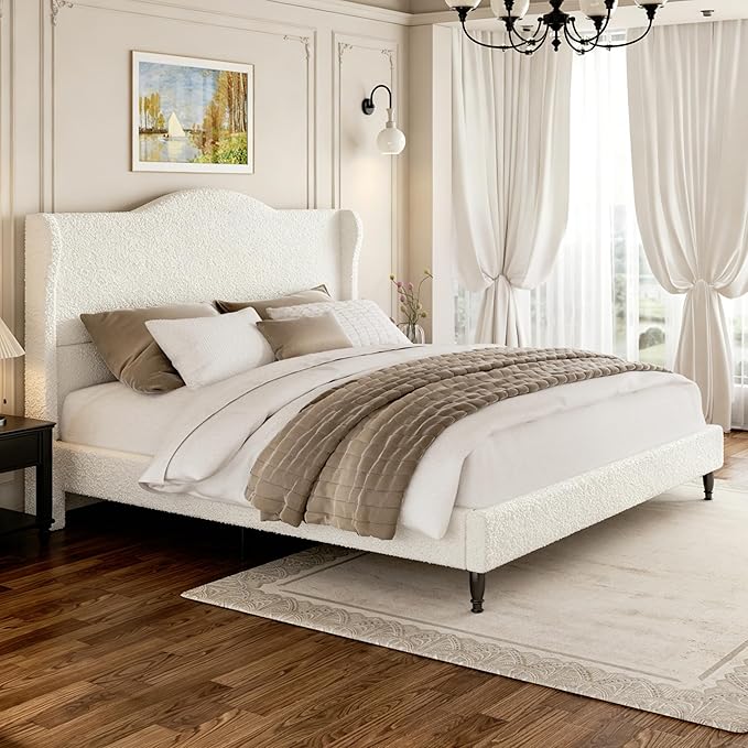 King Bed Frame with Wingback Headboard, Upholstered Boucle Platform Bed Frame Easy Assembly, Solid Wooden Slats Support, Noise-Free, No Box Spring Needed, Soft Cloud Bed for Bedroom, Cream