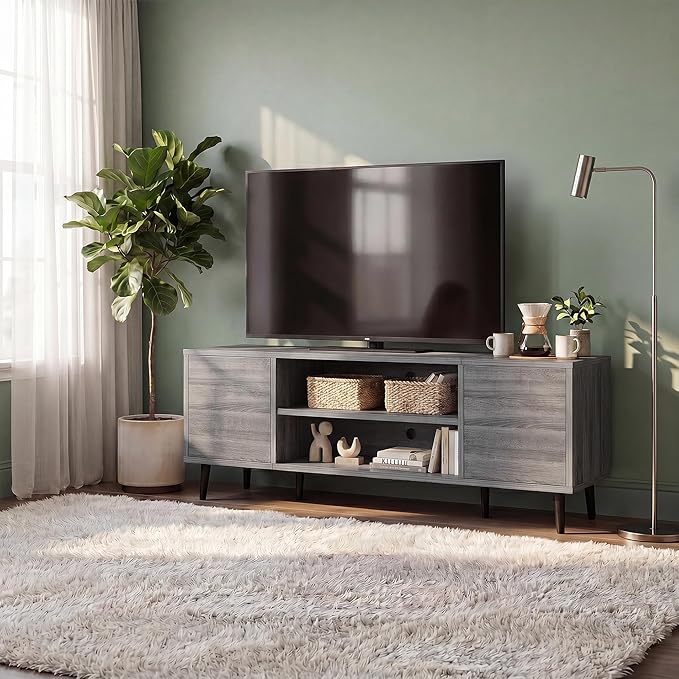 JUMMICO Mid-Century Modern TV Stand for 43-55 Inch TVs, 50 Inch Media Console with Storage, Entertainment Center with Push-Open Cabinets and Cable Management for Living Room (Grey, 50 Inches)