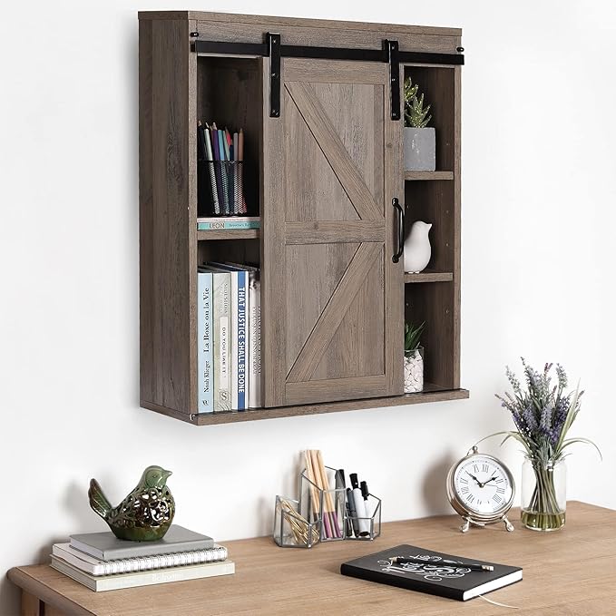 RUSTOWN Farmhouse Wood Wall Storage Bathroom Cabinet with Sliding Barn Door, Rustic Medicine Cabinet with Adjustable Shelf, 3-Tier Vintage Cabinet for Kitchen, Bathroom, Living Room (Washed Oak)