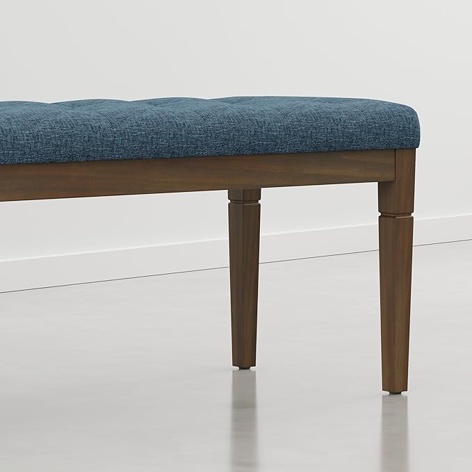SIMPLIHOME Waverly Tufted Ottoman Bench - 48 inch Wide Upholstered Linen Look Fabric Rectangle Footstool Ottoman in Indigo Blue, Traditional Bench for Bedroom, Entryway or Living Room with Carved Legs
