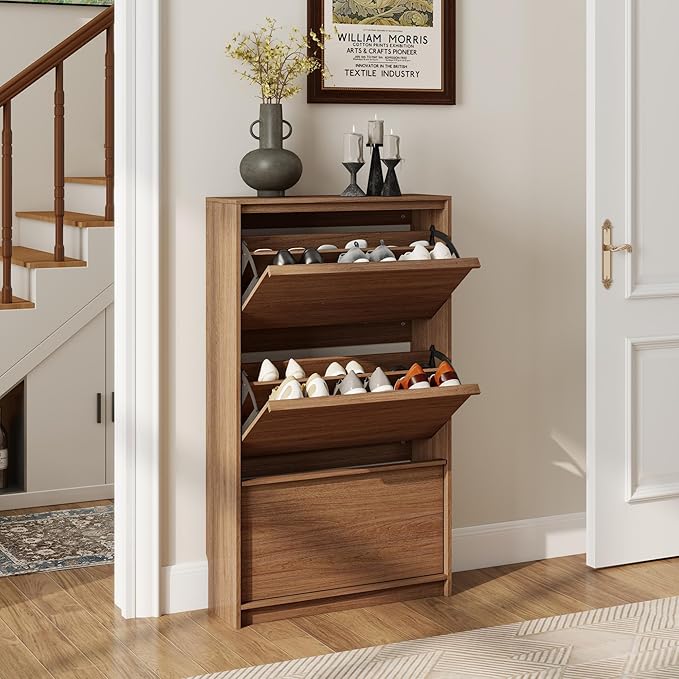 Shoe Cabinet with 3 Flip Drawers, 23.62" W Narrow Shoe Storage Cabinet for Entryway, Slim Shoe Organizer with Adjustable Shelves, Freestanding Shoe Rack for Hallway, Living Room, Walnut