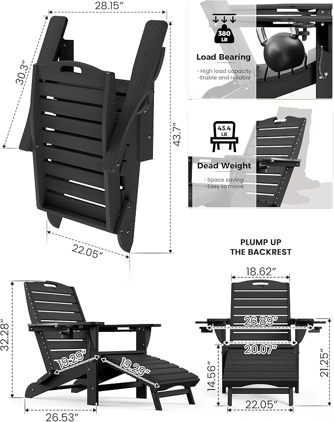 Ciokea Folding Adirondack Chair Set of 2 with Retractable Ottoman Fire Pit Patio Chair with Pull Out Foot Rest Weather Resistant Lawn Outdoor Chair with 2 Cup Holder (Black)
