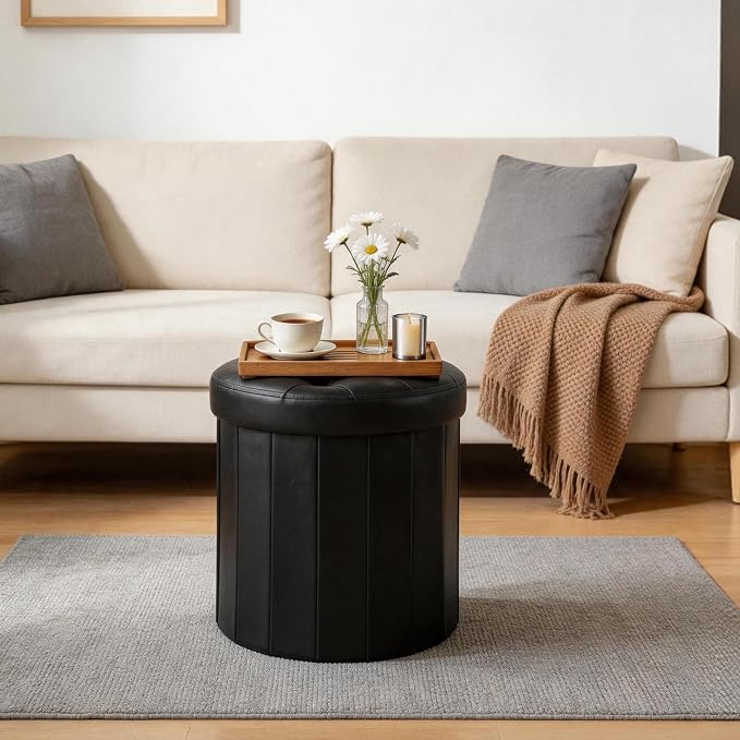 CAROLMADE Round Storage Ottoman,PU Leather Folding Footrest Stool with Thicker Foam Padded Seat,Versatile Vanity Stool for Living Room,Bedroom or Dorm,Black