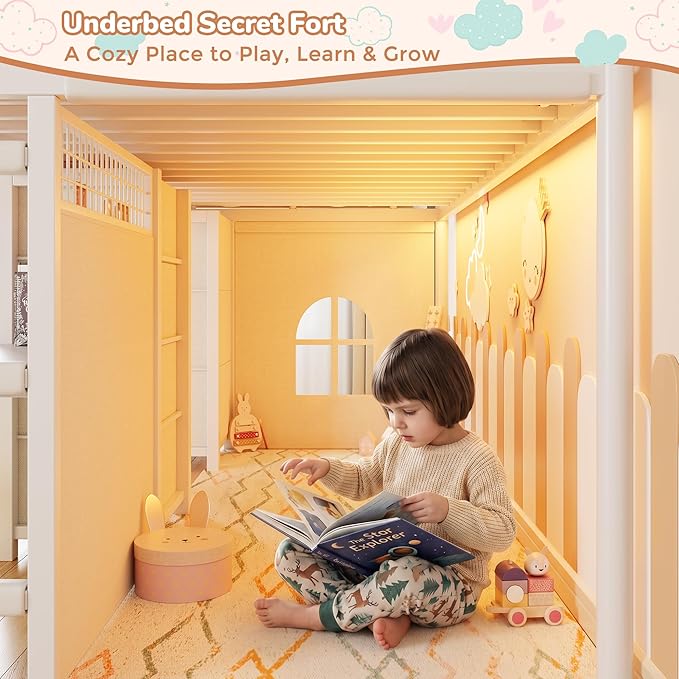 Twin Low Loft Bed with Desk, 7 Storage Drawers & LED Lights, Kids Metal Loft Bed with 12" H Safety Guardrail, Underbed Play Space & Curtain, Anti-Collision Pad (White)