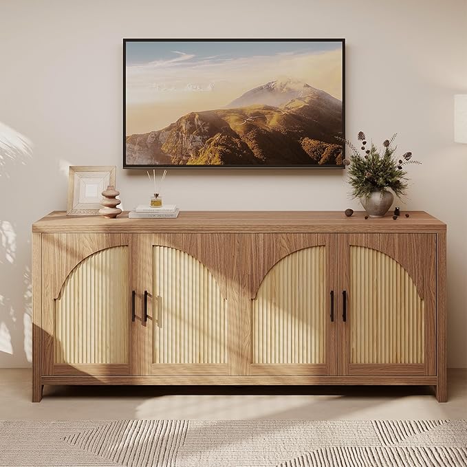 Bestier 70" Sideboard Buffet Cabinet with Storage, Large Modern Storage Credenza with Arch Fluted Doors & Adjustable Shelves, Farmhouse Wood Coffee Bar for Living Room, Kitchen, Entryway, English Oak