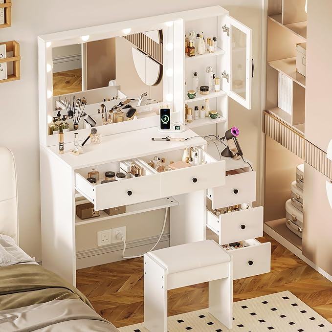 Makeup Vanity with Lights & Charging Station, White Vanity Table with 5 Drawers & Open Storage Shelves, Vanity Desk with Mirror & Lights, Dressing Table Set, Bedroom Makeup Table Set Black Handle