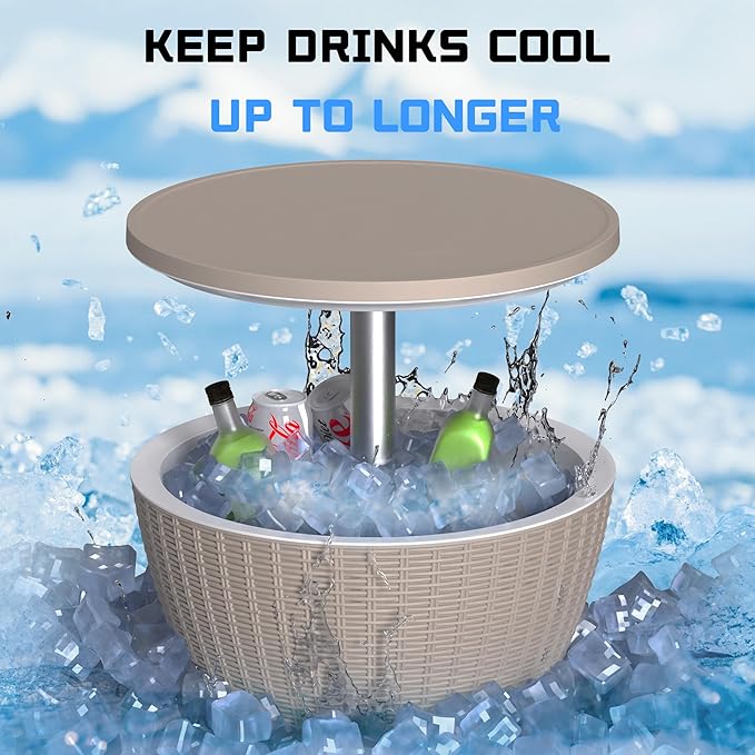 EasyUp Outdoor Cooler Bar Table – 8 Gallon Outdoor Patio Cooler Table with Drain Plug, Adjustable Height Rattan-Style Resin Cool Bar for Poolside, Deck, BBQ & Parties (Grey)