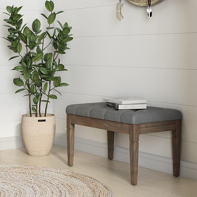 SIMPLIHOME Waverly Small Tufted Ottoman Bench - 28 inch Wide Upholstered Vegan Leather Rectangle Footstool Ottoman in Stone Grey, Traditional Bench for Bedroom or Living Room with Carved Legs