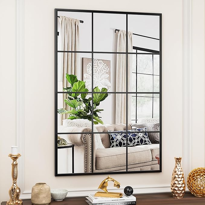 Suidia Wall Mirror, 24" x 36" Window Decorative Mirrors, Metal Framed Wall Decor Wall-Mounted Mirrors for Bedroom, Living Room, Entryway, Black