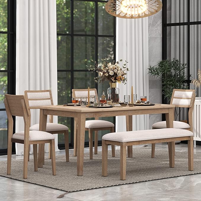 Harper & Bright Designs Kitchen Dining Table Set for 6, Classic and Traditional Style 6 Piece Kitchen Dining Table Set, 4 Upholstered Chairs & Bench (Natural Wood Wash)