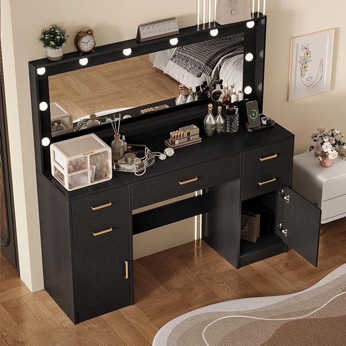 TOKSOM 44.8" Large Vanity Desk with Lighted Mirror & Power Outlet, Black Makeup Vanity Desk with Mirror and Lights, Black Vanity Table with 5 Drawers and 2 Cabinets, Dressing Table for Bedroom