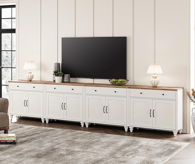 WAMAPT Buffet Cabinet with 8 Doors and 4 Drawers, Large Coffee Bar Table Wood Kitchen Storage Cabinets, Modern Farmhouse Sideboard Credenza for Dining Room, Off White