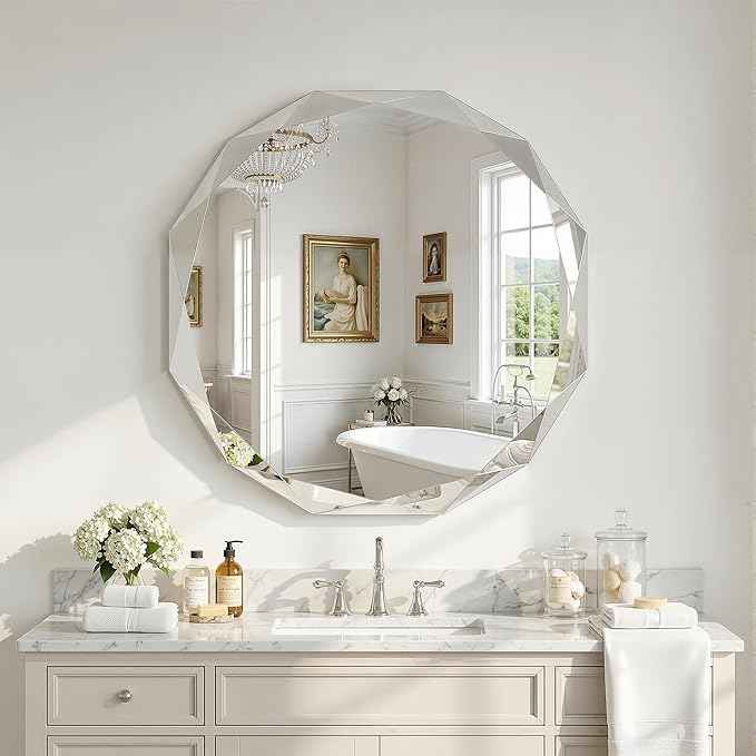 Suidia Bathroom Mirror, 20"x 20" Wall Mirror, Frameless Bathroom Mirror with Beveled Edge for Bedroom, Living Room, Entryway, Hallway, Round Shape