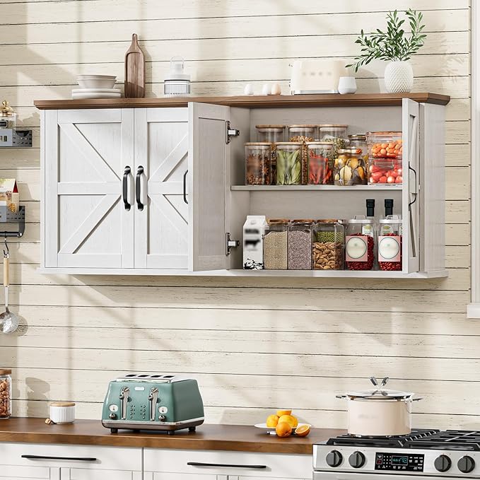 Halitaa 47" Laundry Room Cabinets and Storage with 4 Doors and Utility Adjustable Shelf, Large Wall Mounted Storage Cabinet, Upper Kitchen Cabinet for Laundry, Bathroom, and Kitchen, White and Brown
