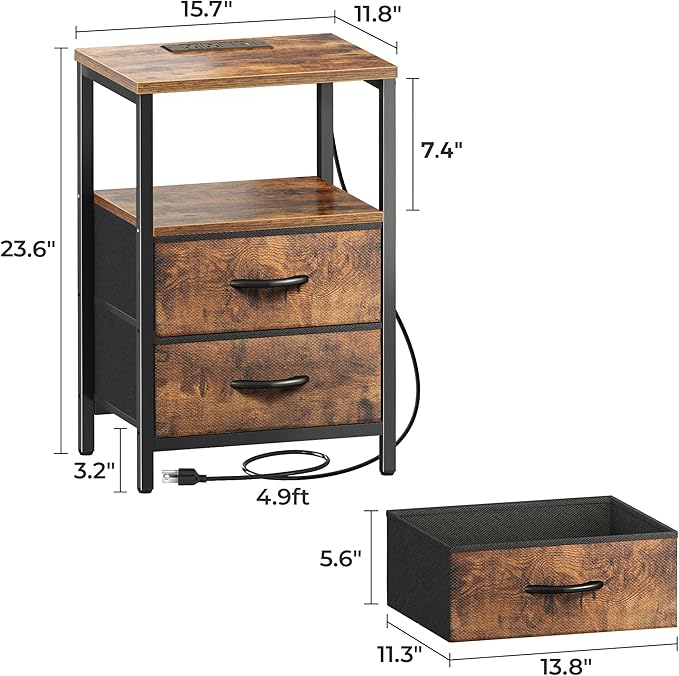 Huuger Nightstands Set of 2, End Tables with Charging Station, Fabric Drawers, Bedside Tables with USB Ports and Outlets, Night Stands for Bedroom, Rustic Brown