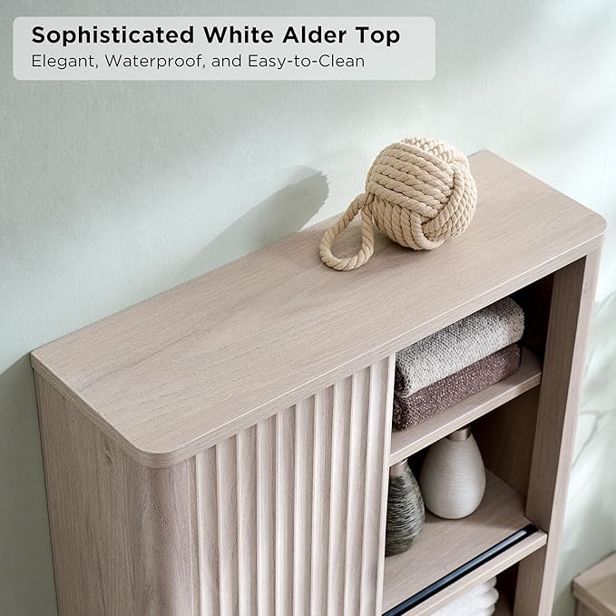 RedLemon Bathroom Wall Cabinet with Fluted Sliding Door, Modern Medicine Cabinet with Adjustable Shelf, Curved Profile Wall Mounted Storage Organizer, White Alder