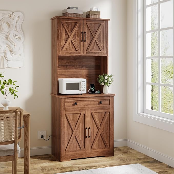 IDEALHOUSE 71" Pantry Cabinet with Charging Station, Tall Kitchen Pantry Storage Cabinet with Microwave Stand, Large Farmhouse Kitchen Hutch with Cabinet Doors & Drawer for Living Room, Dining Room