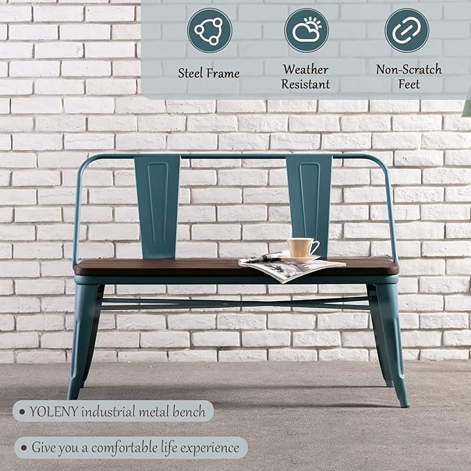 YOLENY Dining Bench, Entryway Bench with Back, Farmhouse Metal Dining Bench, Industrial Mid-Century 3 Person Rustic Spindle Bench, with Wood Seat, Removable Backrest, 42in, Blue