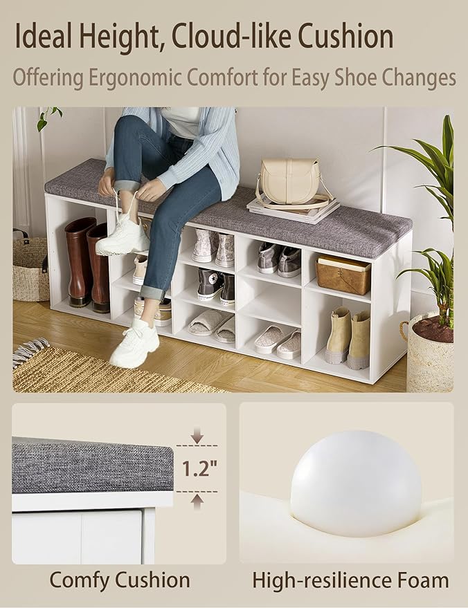 DINZI LVJ Shoe Storage Bench with Cushion, 15-Cubby Shoe Rack, Adjustable Shelves, Long Shoe Organizer Bench for Entryway, Mudroom, Hallway, Living Room, Bedroom and Garage, White
