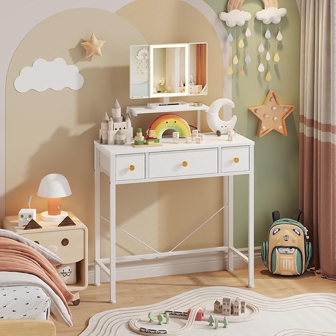 HIGDBFE Small Makeup Vanity Desk 27.5''W with Mirror and Lights, Vanity Desk with 3 Fabric Drawers and Height-Adjustable Stand, Vanity Table for Girls Gifts, Bedroom and Small Spaces, White