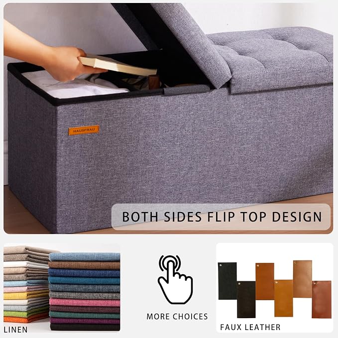 HAUSFRAU 31.5 Inches Ottoman with Storage Bench, Folding Ottoman Bench Small Foot Rest Stool, Bedroom Bench with Flipping Lid, Linen Red