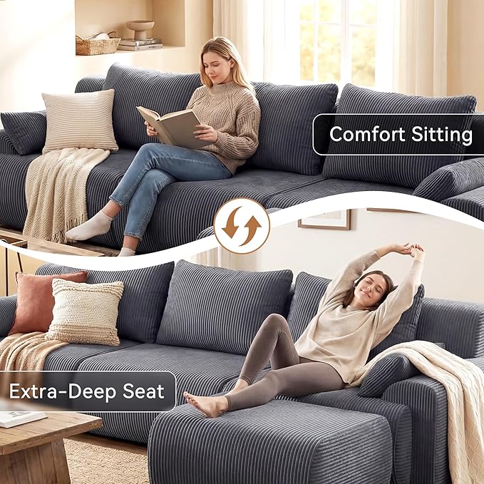 GRUSIGN 118'' Sectional Boneless Oversize Modular Couches, Curved Cloud Sectional Couches for Living Room,Rounded Corner Design L Shape Deep Seat Family Sofa with Ottoman & 3 Throw Pillows, Grey