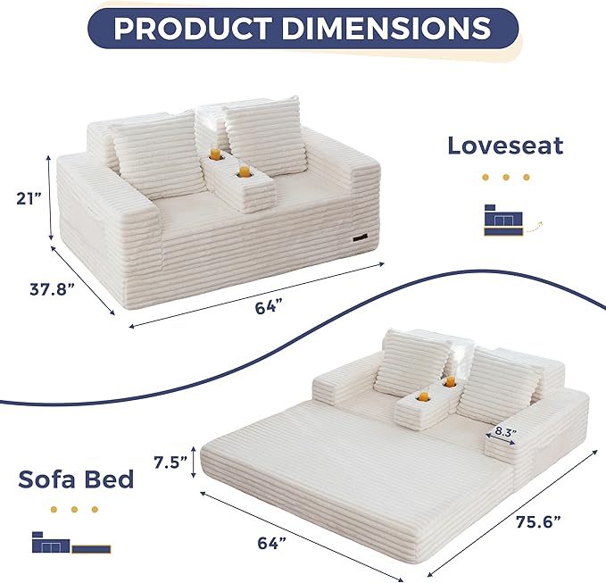 MAXYOYO Loveseat Sofa Bed, Striped Faux Fur Foldable Floor Sofa Couch in A Box, 4 in 1 Convertible Boneless Couch with 2 Cup Holders, Folding Recliner Sleeper Chair, No Assembly Required, Creamy