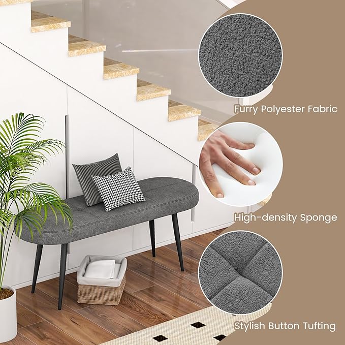 Giantex 47 inch Entryway Bench - End of Bed Bench, Upholstered Bench for Bedroom with Metal Legs, Padded Seat, Long Ottoman for Dining Room, Living Room, Bedroom, Hallway (Gray)