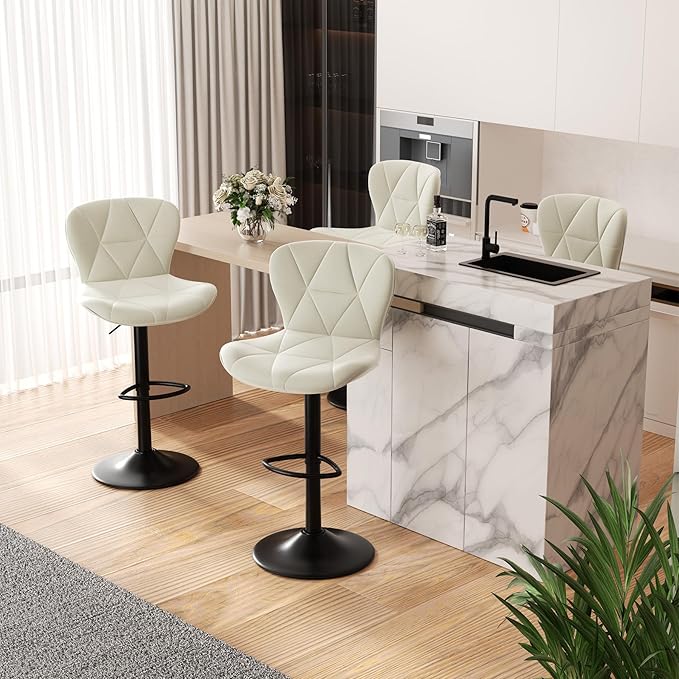 Nalupatio Modern Bar Stools Set of 4, Adjustable Faux Leather Upholstered Swivel Bar Stools, Counter Bar Chairs with Back for Kitchen Island, Cream White