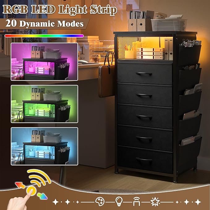 EnHomee Nightstands Set of 2 with 5 Drawers, Black Dresser with Charging Station and LED Light, Tall Nightstand with Extra Side Bag & Hooks, Bedroom, Closet, Hallway, Entryway, Black