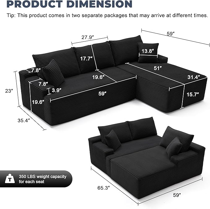 Mangodan Cloud Sectional Sofa, Boneless Couch for Living Room, Modular Sectional Sofa with Deep Seat, Fluffy L-Shaped Comfy Couch with Right-Facing Chaise, No Assembly Required, Black