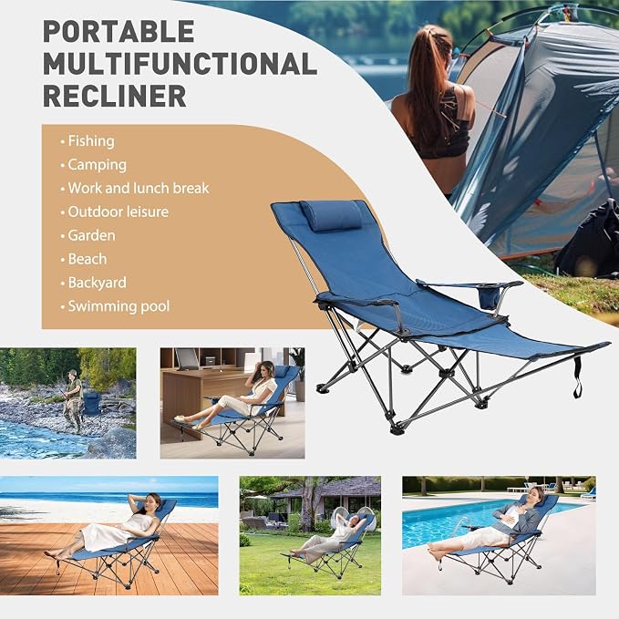 Camping Chairs Zero Gravity Recliner Chair with 4-in-1 Adjustable - Portable Folding Recliner with Cup Holder & Side Pocket, Detachable Footrest for Patio, Beach, Lawn, No Assembly - Blue