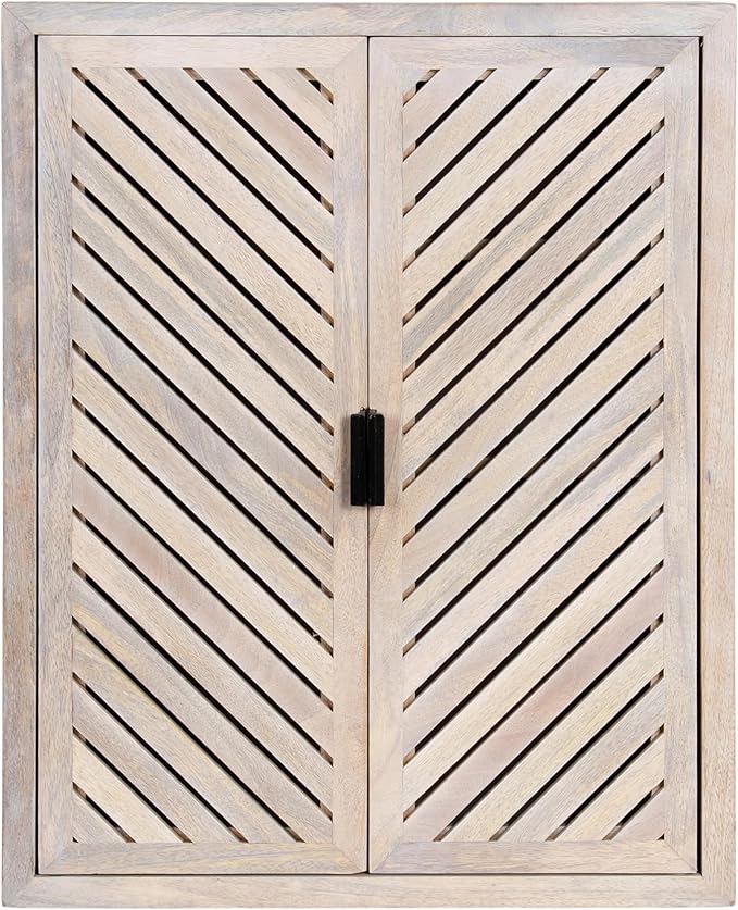 Kate and Laurel Mezzeta Decorative Coastal Two-Door Floating Bathroom Cabinet, 22 x 7 x 28, Whitewash, Decorative Over Toilet Storage Cabinet Made from Solid Mango Wood with Slatted Chevron Design