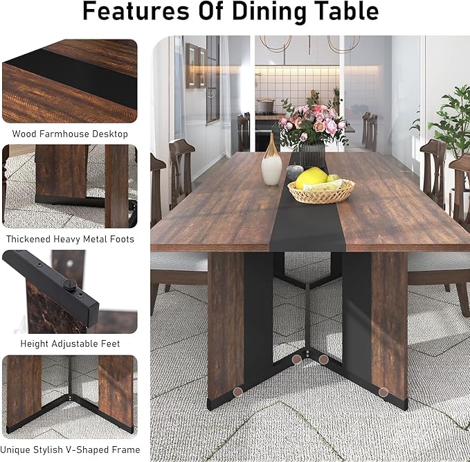 Hlivelood 70Inch Large Dining Table for 4 6 People,Wooden Rectangular Kitchen Table W/Waterproof Tabletop,Large Rectangle Furniture W/Adjustable Legs,Brown Dinner Table for Kitchen Dining Room(71IN)
