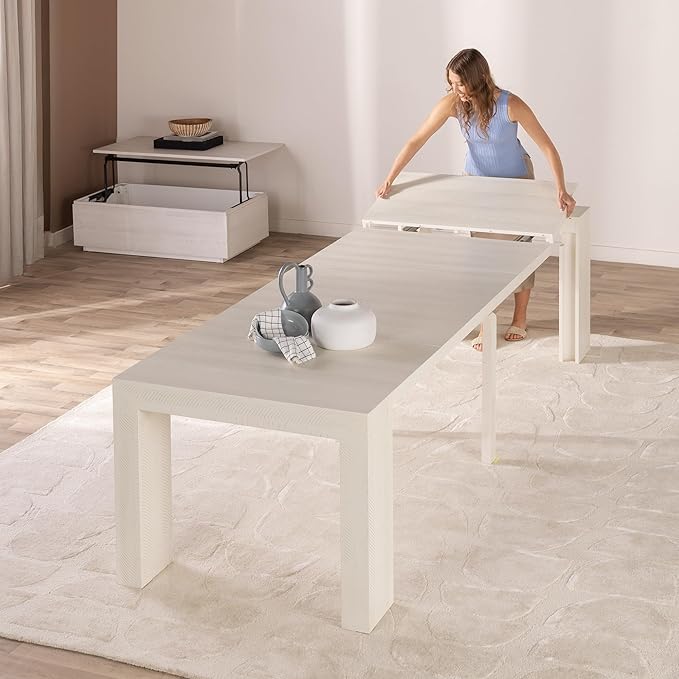 Transformer Table - Solid Wood Extendable Dining Table, Seats 2-12, Expandable Dining Room Table, Space-Saving Furniture, Kitchen and Dining Room Furniture (White, Table + Coffee Table)