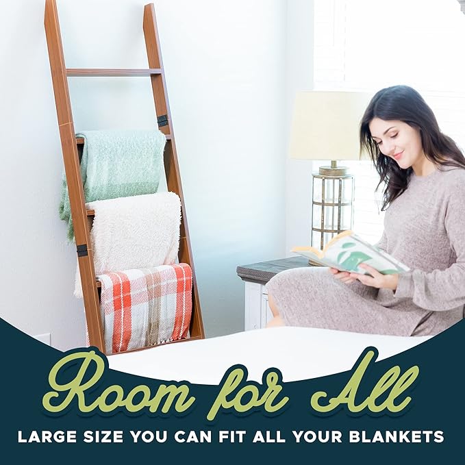 Blanket Ladder for Living Room and Bedroom, 5ft 8 inch, 6-Tier Wall Leaning Laminate No-Snag Construction (Brown) Rustic Decorative Farmhouse Blanket Storage, Quilt Rack, Ladder Shelf, Easy Assembly