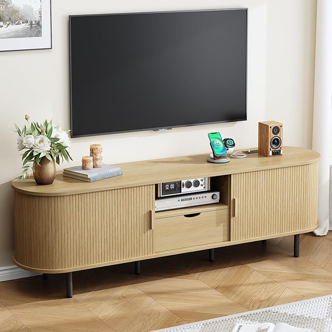ONBRILL 69" TV Stand with Power Outlet for TVs up to 80", Entertainment Center with Storage and Drawer, TV Console with Adjustable Shelves and Sliding Door, TV Stand for Living Room, Bedroom, Oak